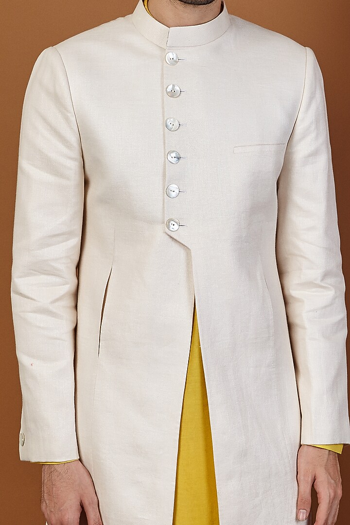 Ivory Linen Asymmetric Wedding Indowestern Set by SEVENDC MEN at Pernia's Pop Up Shop