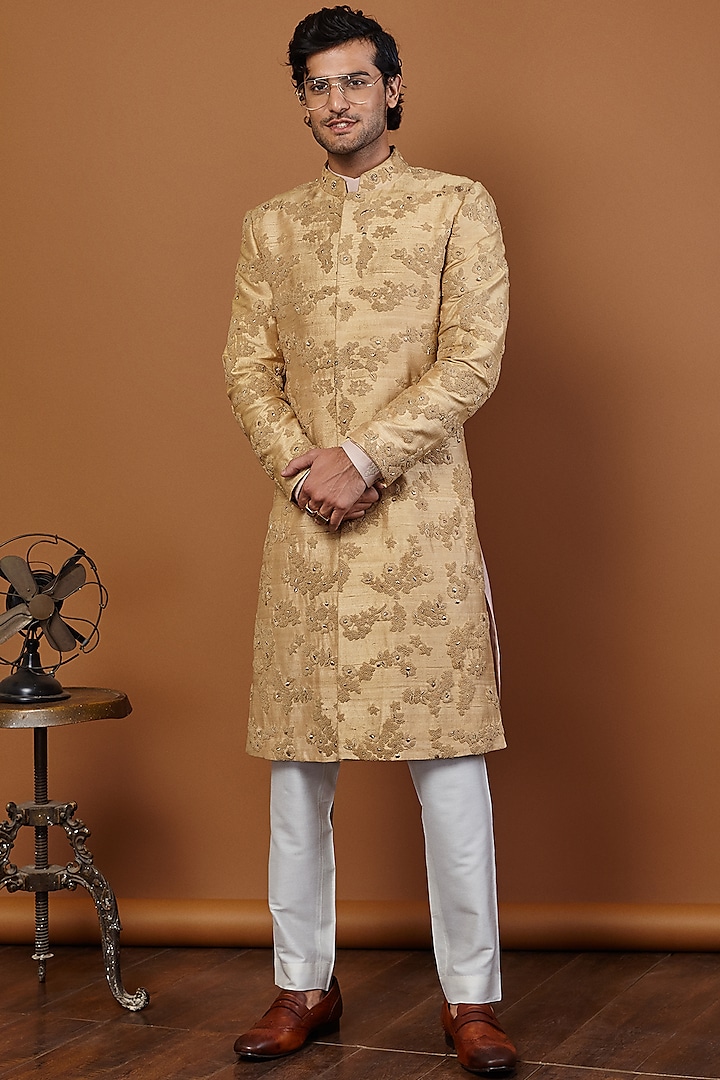 Beige Dabka Embroidered Sherwani Set by SEVENDC MEN