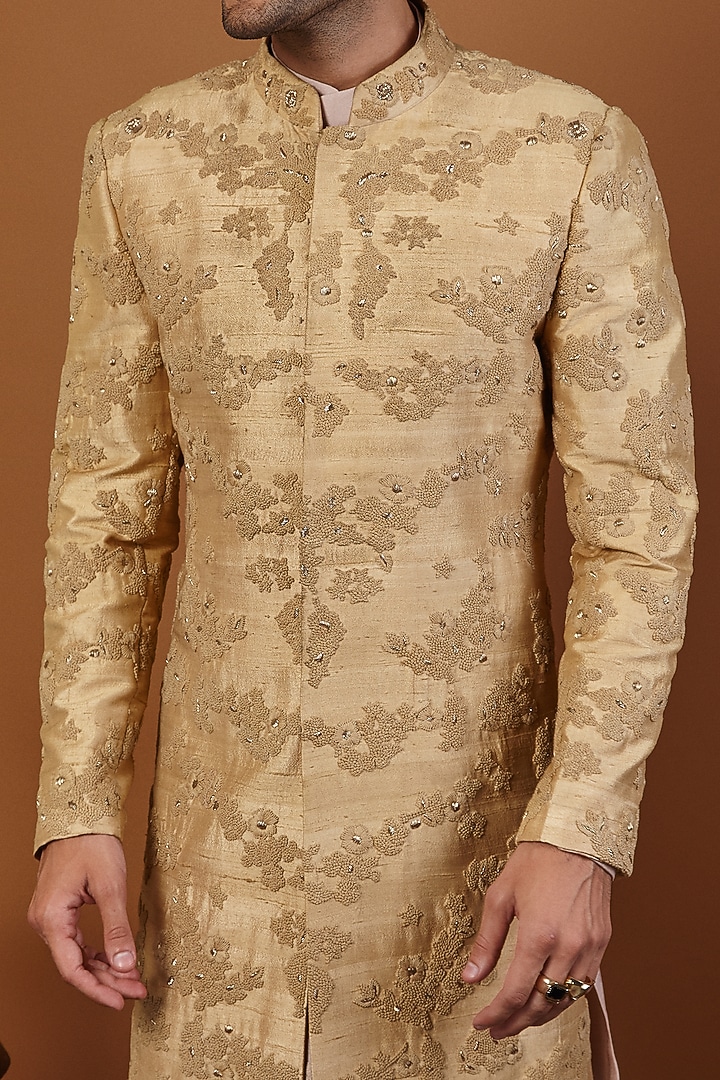 Beige Matka Silk Thread Hand Embroidered Groom Sherwani Set by SEVENDC MEN at Pernia's Pop Up Shop