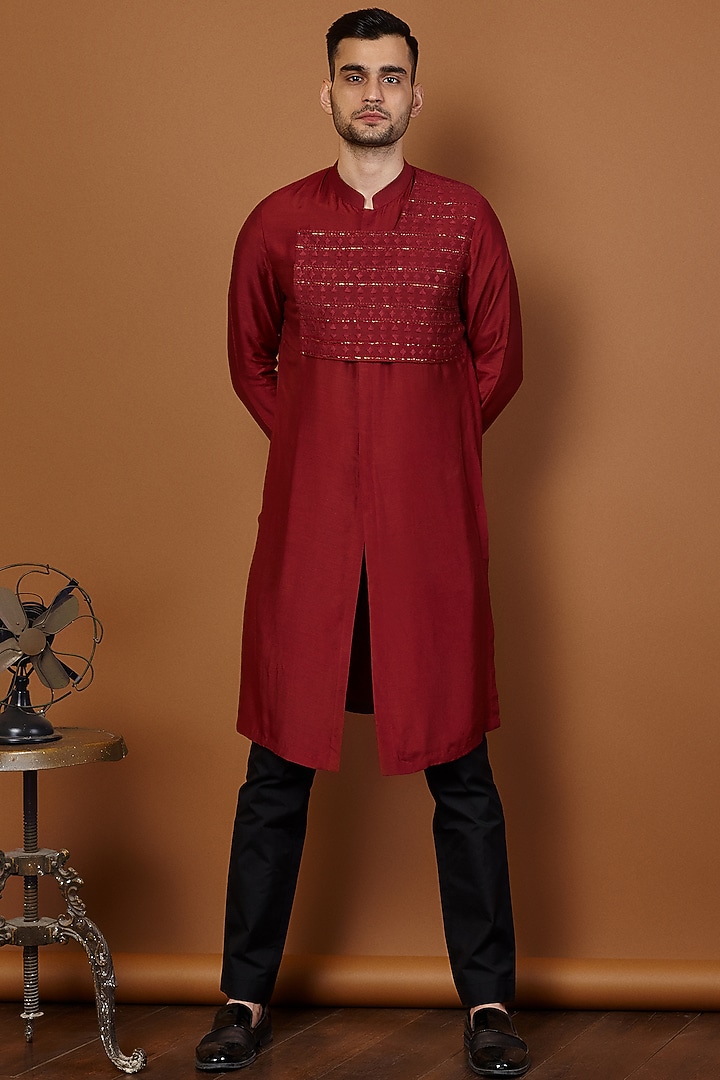 Wine Silk Embroidered Kurta Set by SEVENDC MEN at Pernia's Pop Up Shop