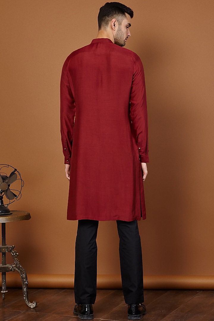 Wine Silk Embroidered Kurta Set by SEVENDC MEN at Pernia's Pop Up Shop