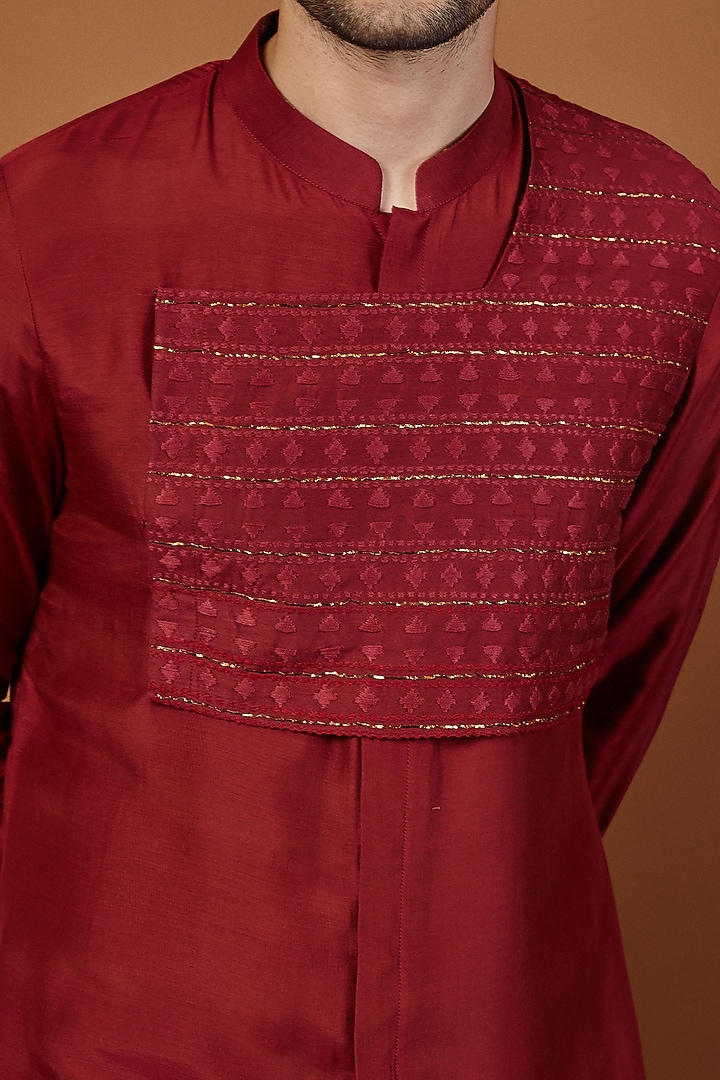 Wine Silk Embroidered Kurta Set by SEVENDC MEN at Pernia's Pop Up Shop