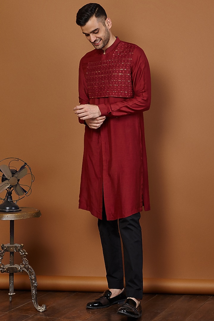 Wine Silk Embroidered Kurta Set by SEVENDC MEN at Pernia's Pop Up Shop