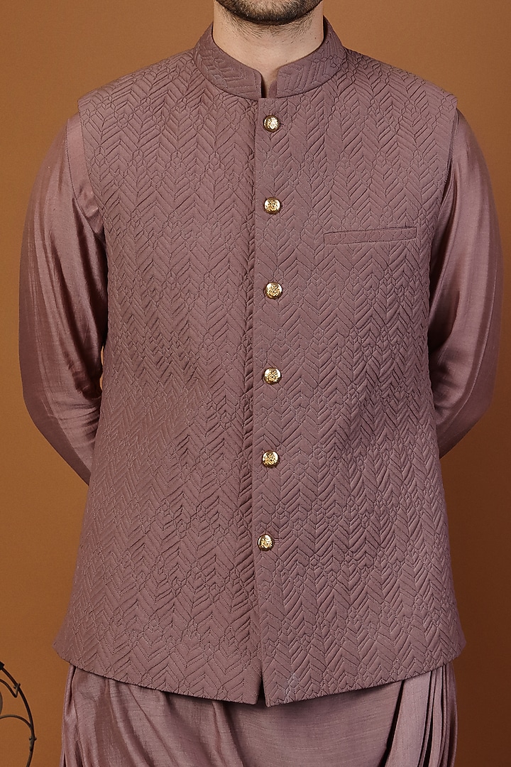 Mauve Cotton Silk Quilted Bundi Jacket by SEVENDC MEN at Pernia's Pop Up Shop