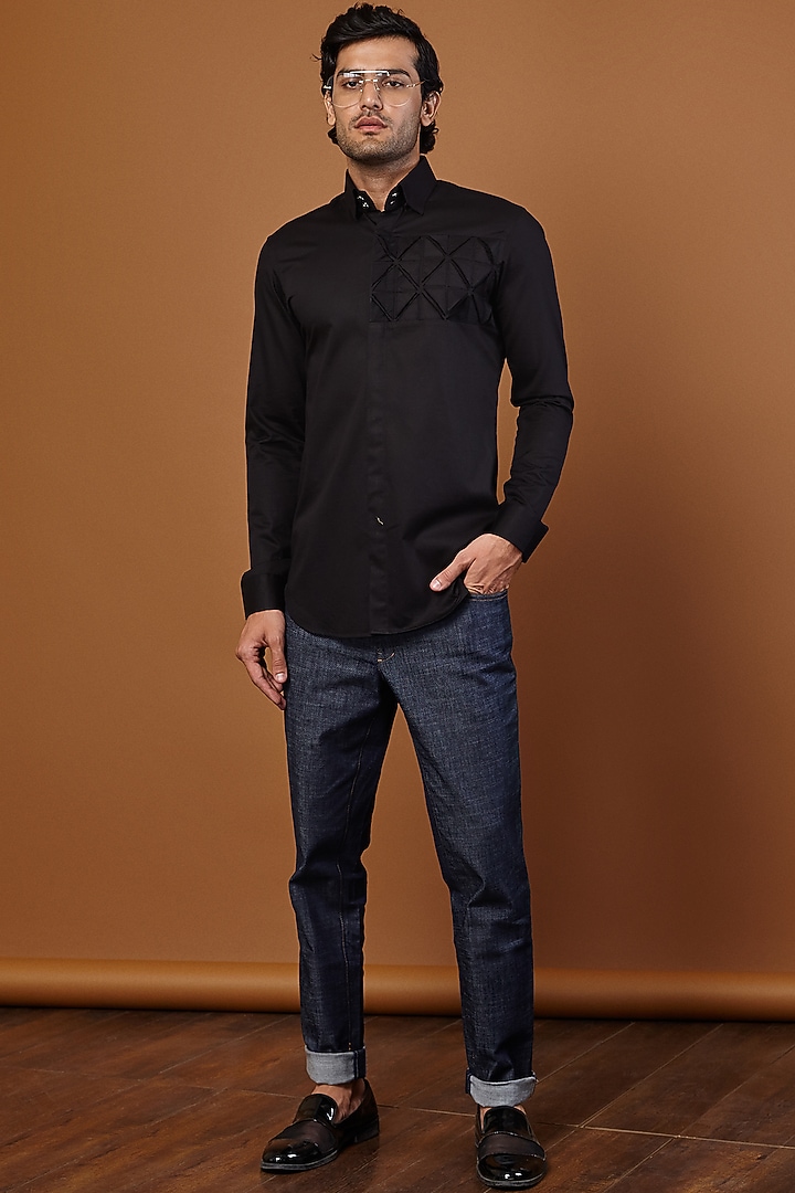 Black Cotton Graphic Patch Work Summer Shirt by SEVENDC MEN at Pernia's Pop Up Shop
