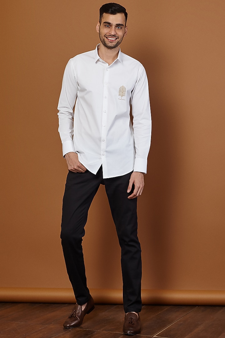 White Cotton Motif Embroidered Party Wear Shirt by SEVENDC MEN at Pernia's Pop Up Shop
