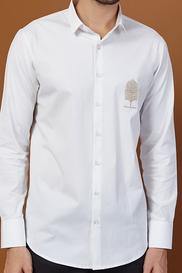 White Cotton Motif Embroidered Party Wear Shirt by SEVENDC MEN at Pernia's Pop Up Shop