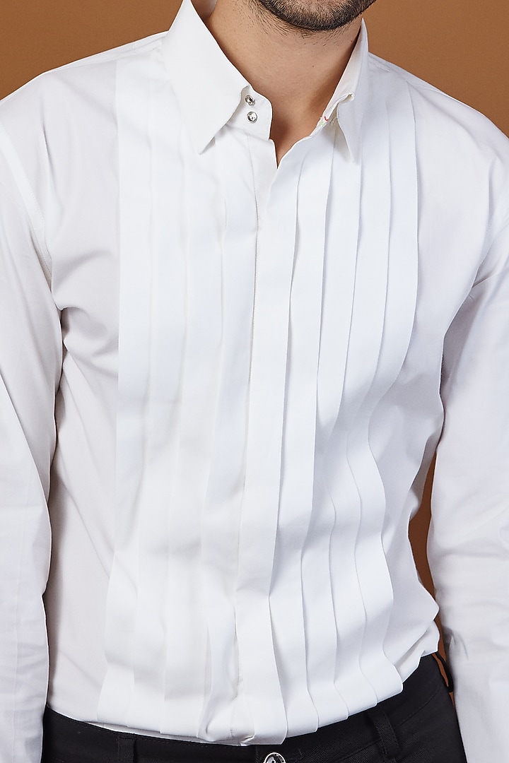 White Cotton Pleated Party Wear Shirt by SEVENDC MEN at Pernia's Pop Up Shop