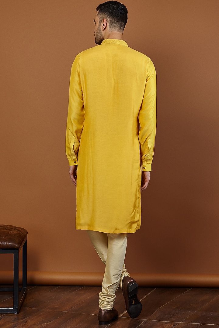 Lemon Yellow Cotton Silk Motif Embroidered Kurta Set by SEVENDC MEN at Pernia's Pop Up Shop