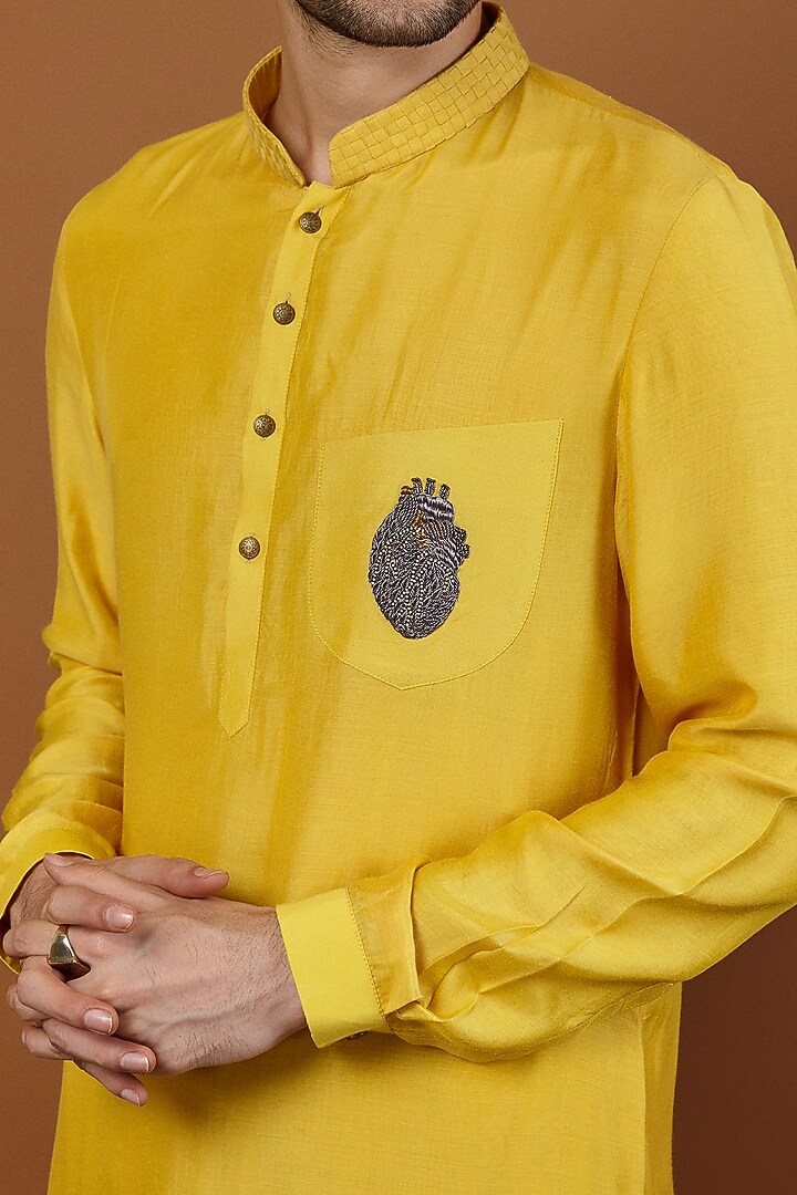 Lemon Yellow Cotton Silk Motif Embroidered Kurta Set by SEVENDC MEN at Pernia's Pop Up Shop