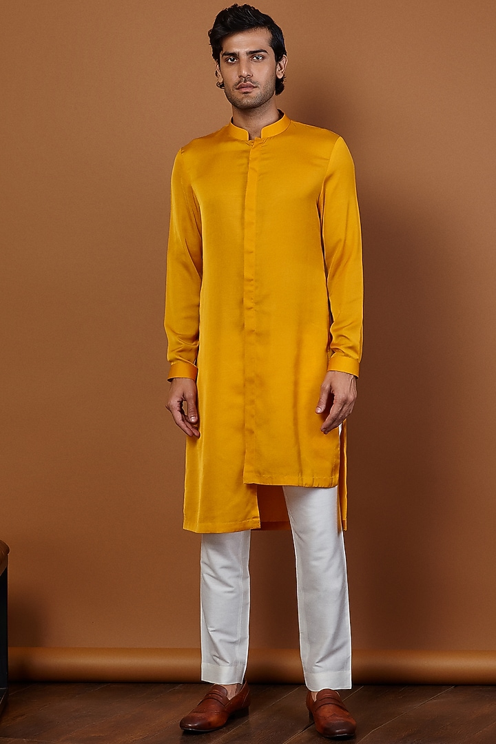Canary Yellow Cotton Silk Asymmetric Kurta Set by SEVENDC MEN at Pernia's Pop Up Shop