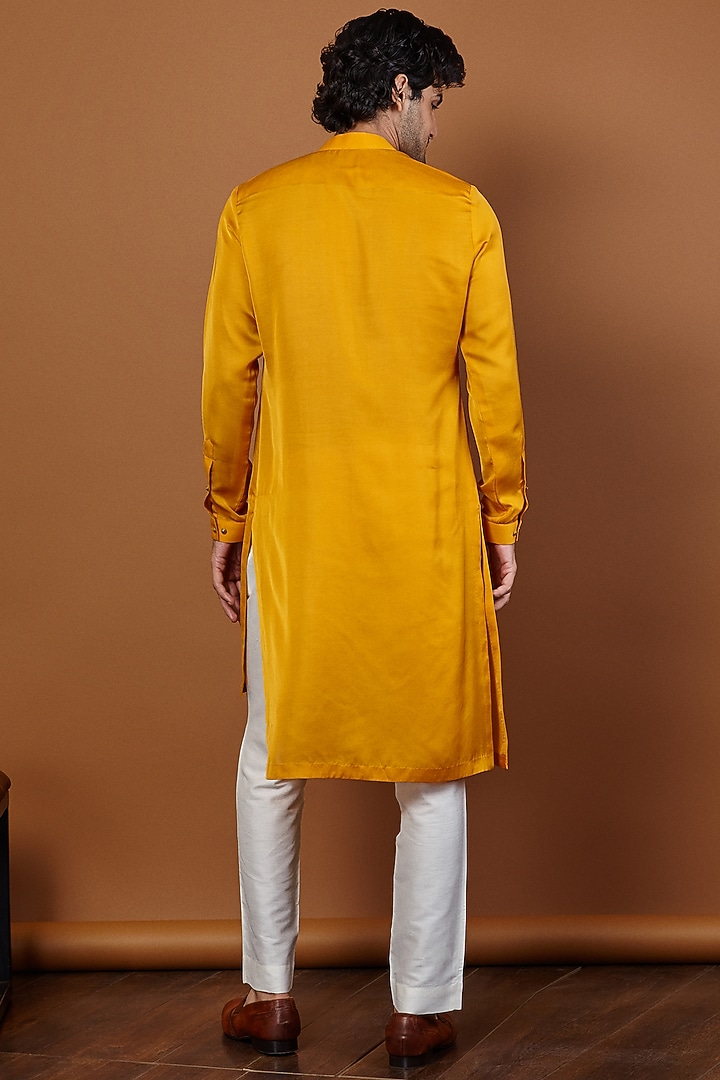 Canary Yellow Cotton Silk Asymmetric Kurta Set by SEVENDC MEN at Pernia's Pop Up Shop
