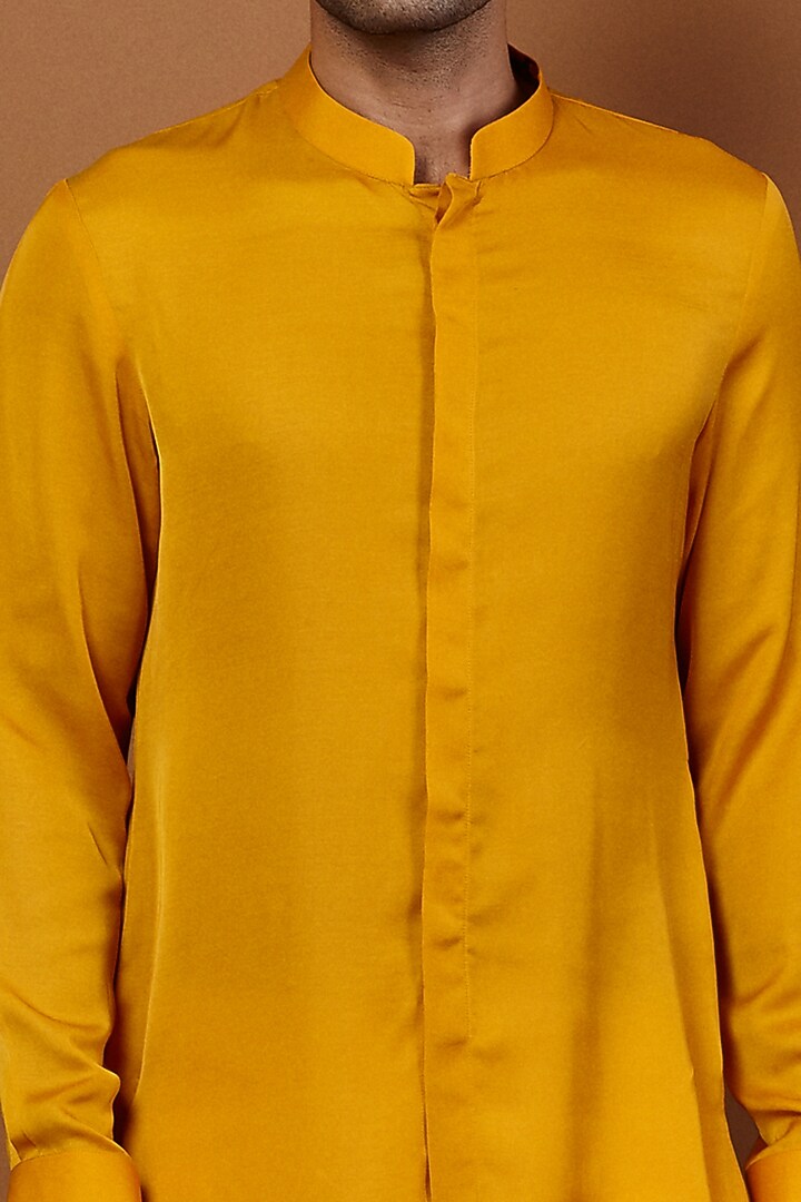 Canary Yellow Cotton Silk Asymmetric Kurta Set by SEVENDC MEN at Pernia's Pop Up Shop