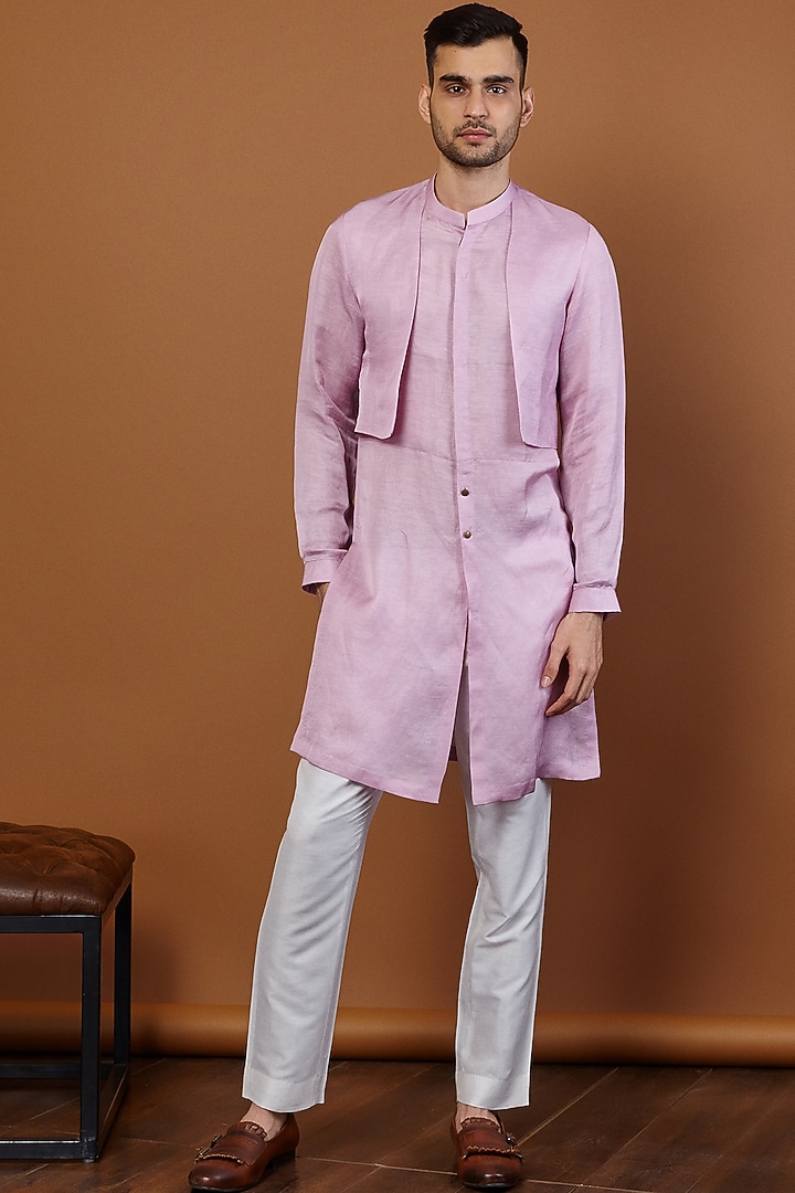 Lilac Textured Cotton Silk Paneled Kurta Set by SEVENDC MEN at Pernia's Pop Up Shop