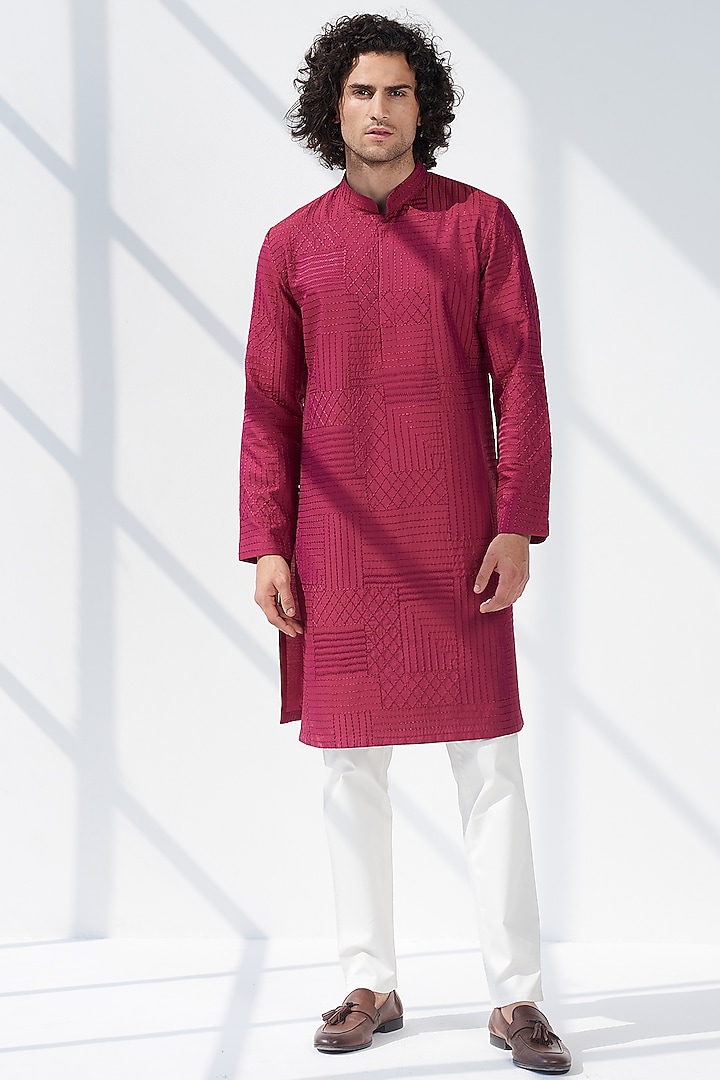 Plum Cotton Silk Embroidered Kurta Set by SEVENDC MEN at Pernia's Pop Up Shop