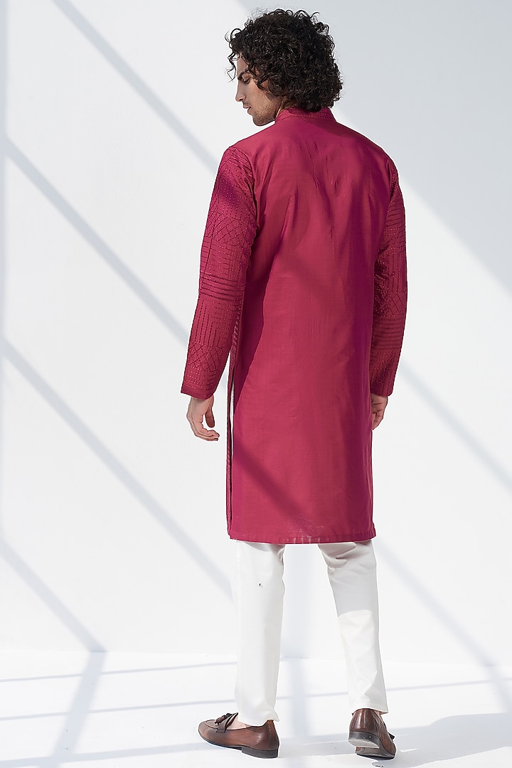 Plum Cotton Silk Embroidered Kurta Set by SEVENDC MEN at Pernia's Pop Up Shop