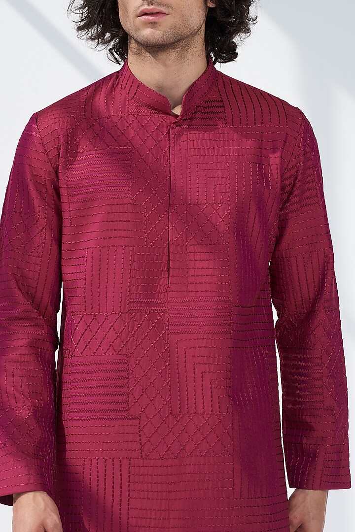 Plum Cotton Silk Embroidered Kurta Set by SEVENDC MEN at Pernia's Pop Up Shop