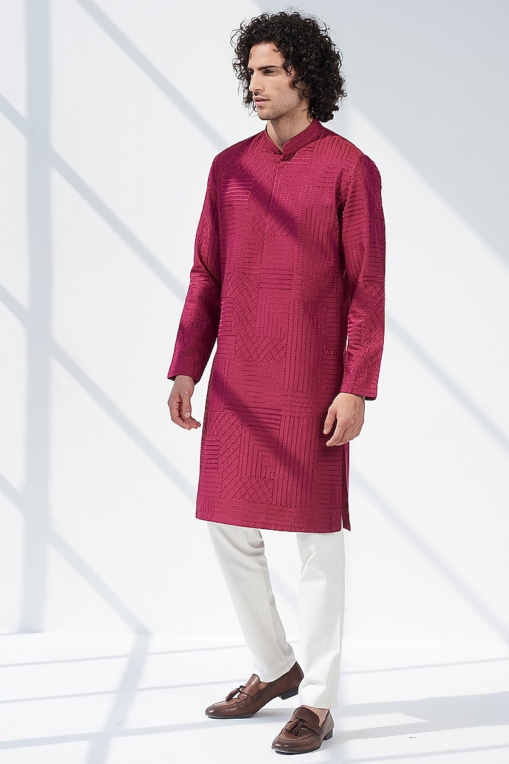 Plum Cotton Silk Embroidered Kurta Set by SEVENDC MEN at Pernia's Pop Up Shop