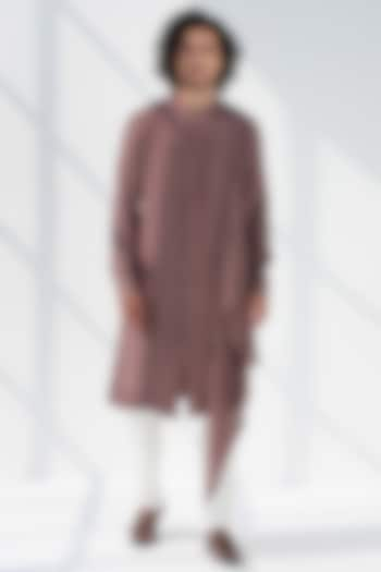 Tobacco Brown Linen Embroidered Kurta by SEVENDC MEN