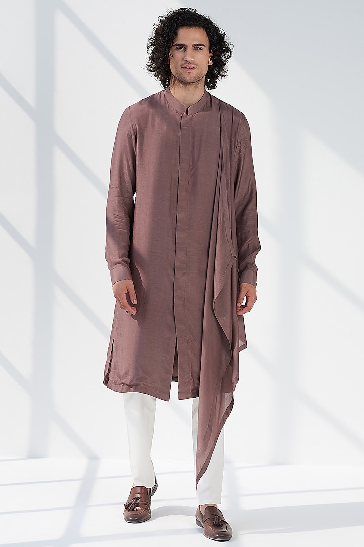 Tobacco Brown Linen Embroidered Kurta by SEVENDC MEN