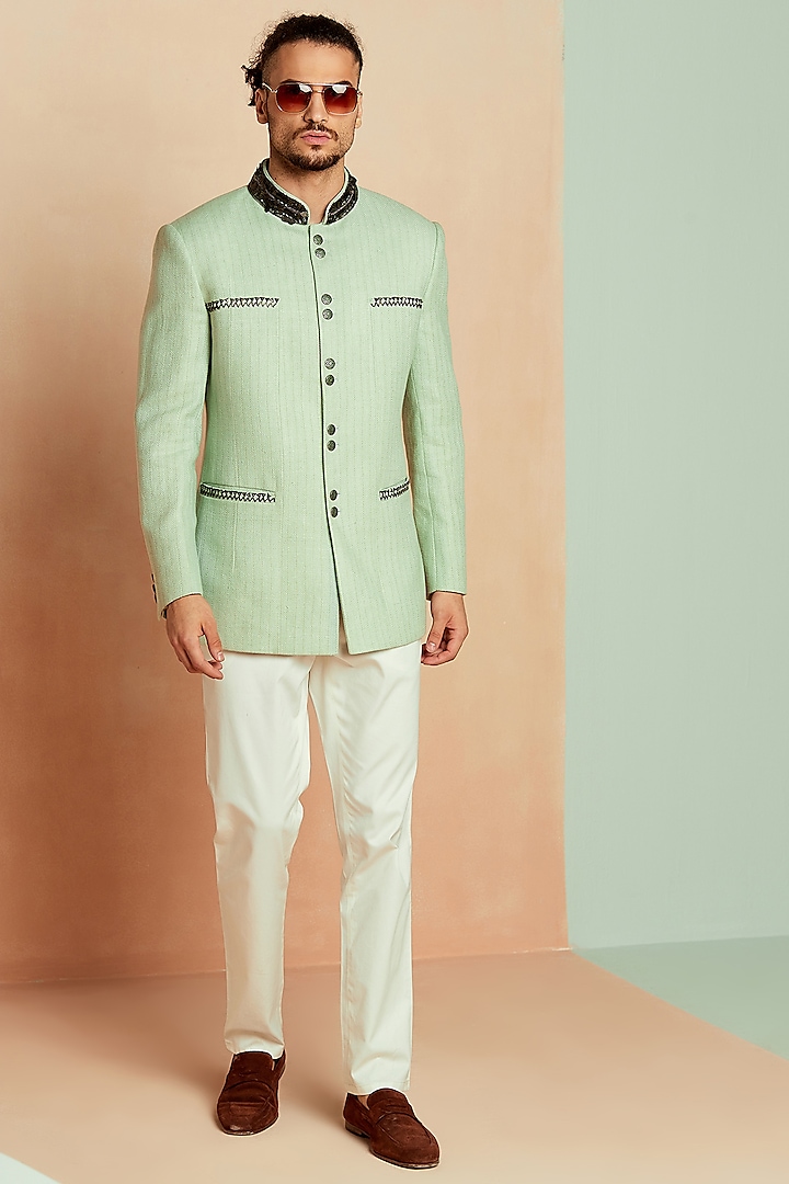 Mint Green Matka Silk Embroidered Bandhgala Jacket Set by SEVENDC MEN