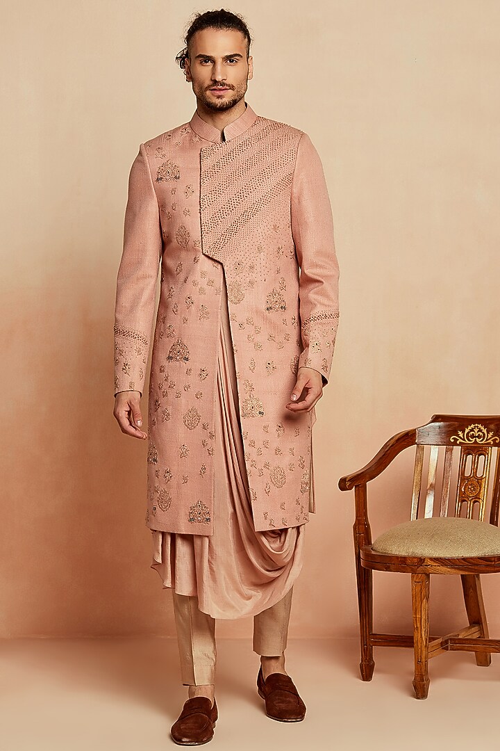 Dusky Pink Pure Silk Groom Sherwani Set by SEVENDC MEN at Pernia's Pop Up Shop