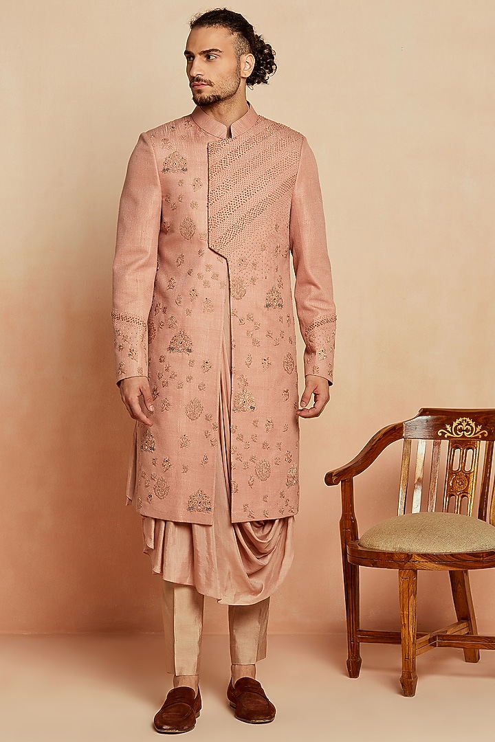 Dusky Pink Pure Silk Groom Sherwani Set by SEVENDC MEN at Pernia's Pop Up Shop