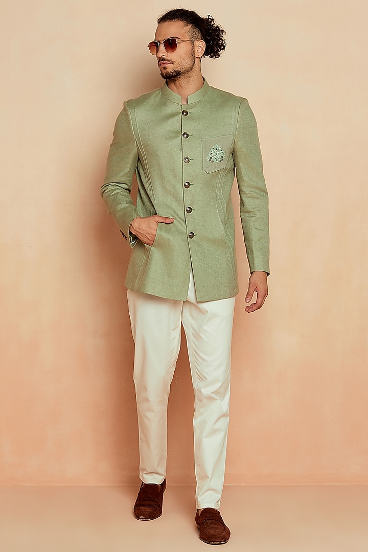 Sage Green Hand Embroidered Bandhgala Jacket by SEVENDC MEN