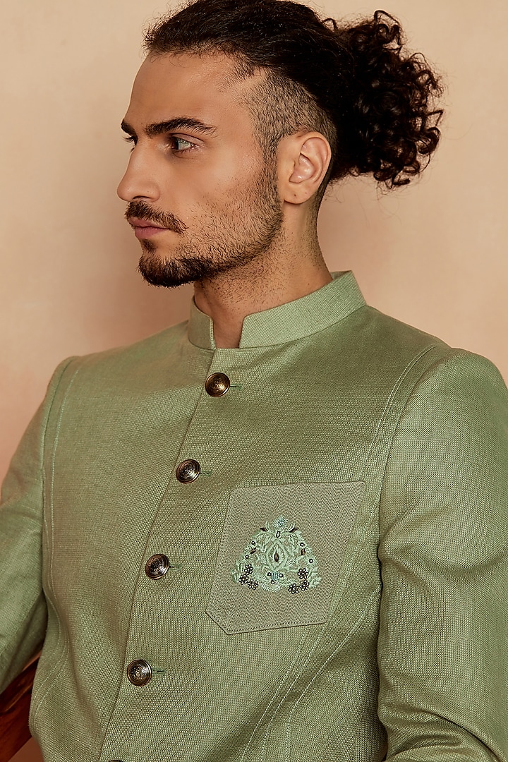 Sage Green Hand Embroidered Wedding Bandhgala Jacket by SEVENDC MEN at Pernia's Pop Up Shop