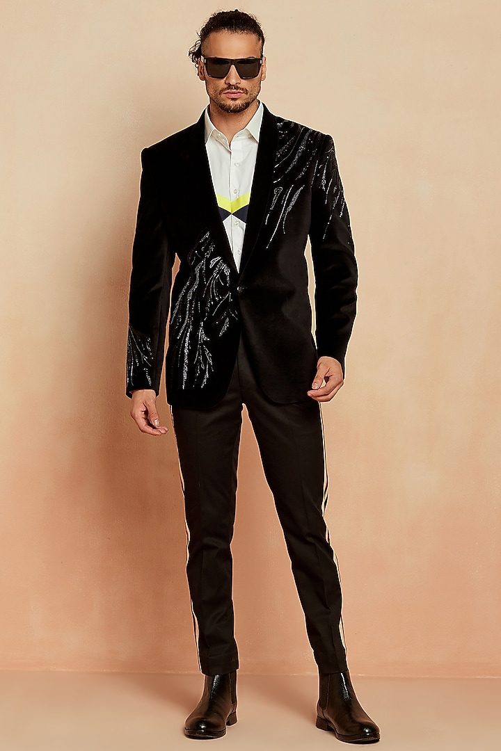 Black Italian Velvet Blazer Set by SEVENDC MEN at Pernia's Pop Up Shop