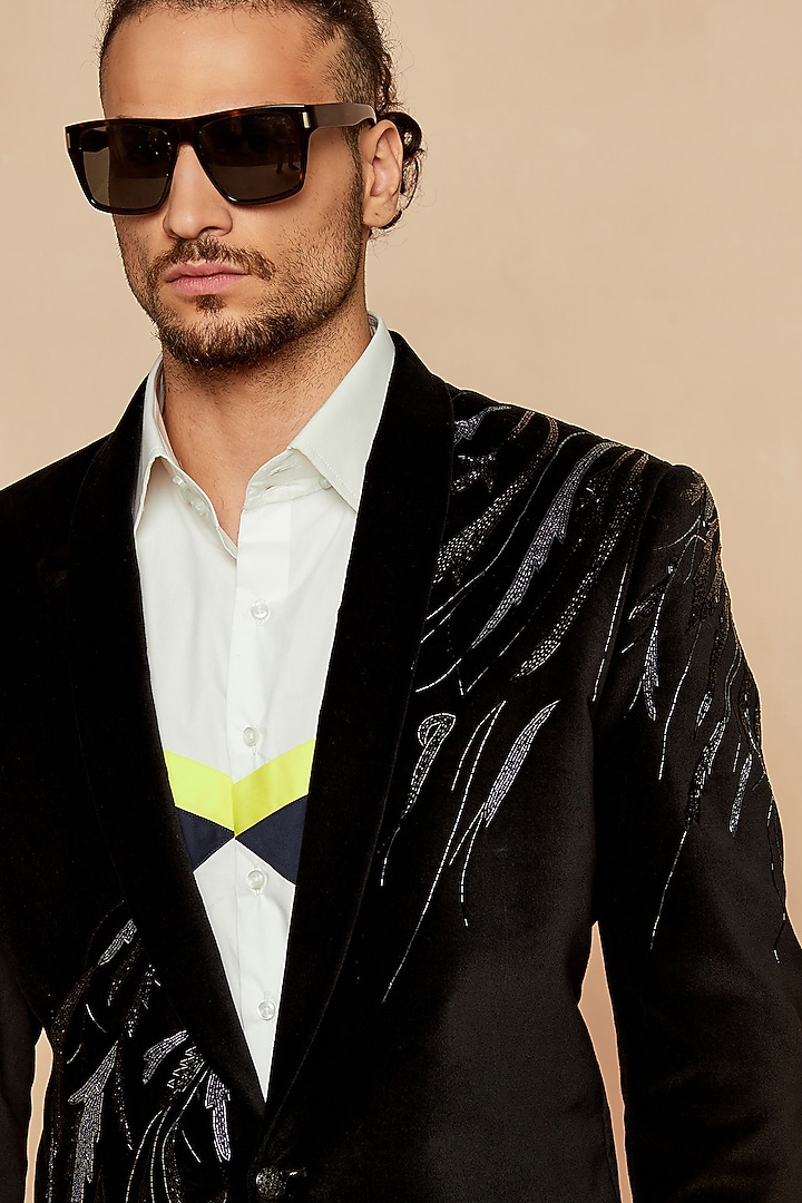 Black Italian Velvet Blazer Set by SEVENDC MEN at Pernia's Pop Up Shop
