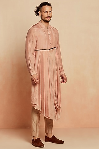 Pink-Beige Silk Draped Kurta by SEVENDC MEN