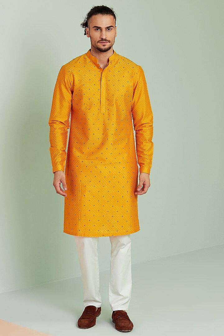 Mustard Silk Hand Embroidered Kurta Set by SEVENDC MEN at Pernia's Pop Up Shop