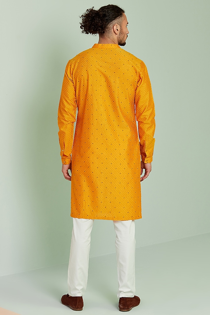 Mustard Silk Hand Embroidered Kurta Set by SEVENDC MEN at Pernia's Pop Up Shop