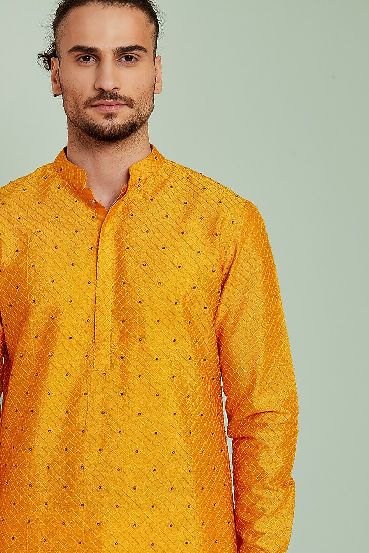 Mustard Silk Hand Embroidered Kurta Set by SEVENDC MEN at Pernia's Pop Up Shop