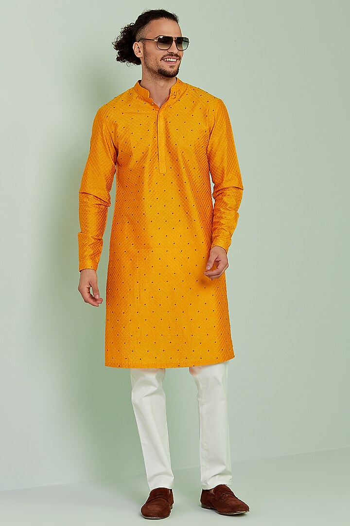 Mustard Silk Hand Embroidered Kurta Set by SEVENDC MEN at Pernia's Pop Up Shop