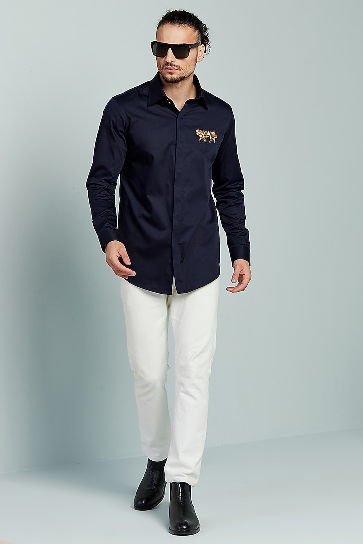Navy Blue Cotton Party Wear Shirt by SEVENDC MEN at Pernia's Pop Up Shop