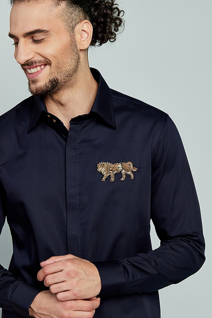 Navy Blue Cotton Party Wear Shirt by SEVENDC MEN at Pernia's Pop Up Shop
