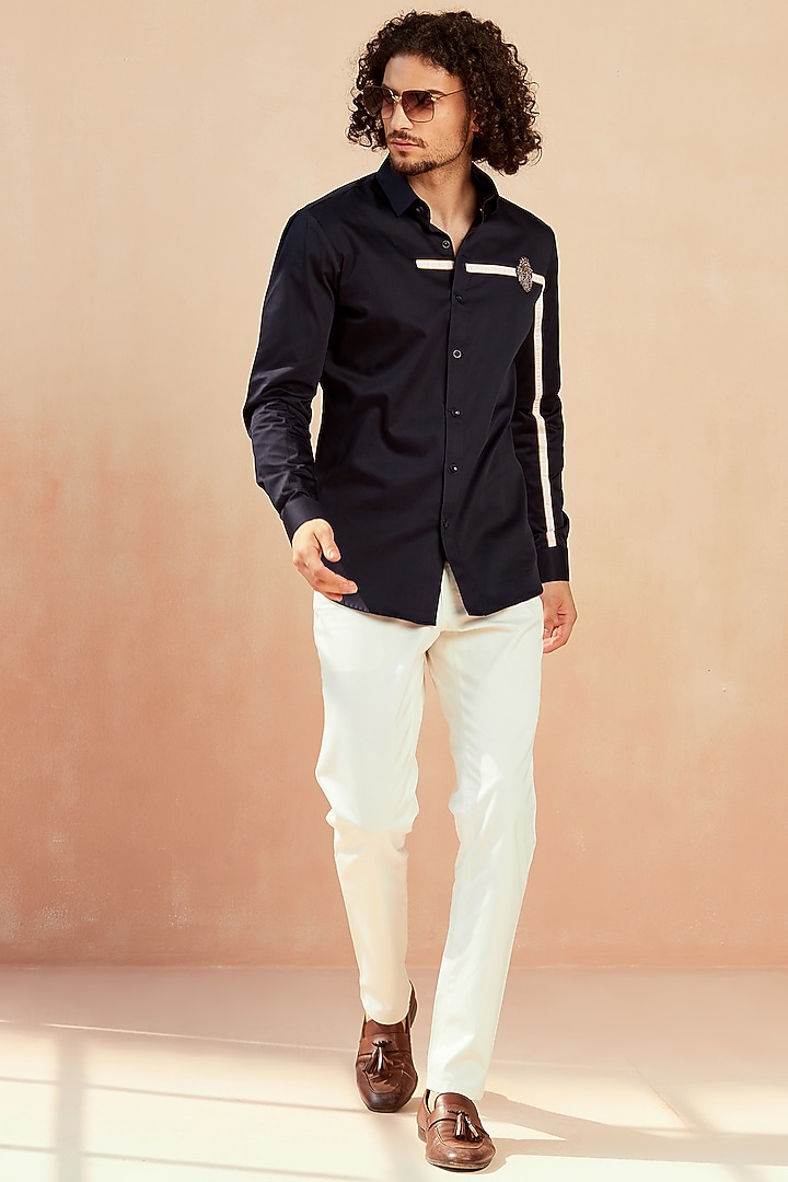 Navy Blue Cotton Party Wear Shirt by SEVENDC MEN at Pernia's Pop Up Shop