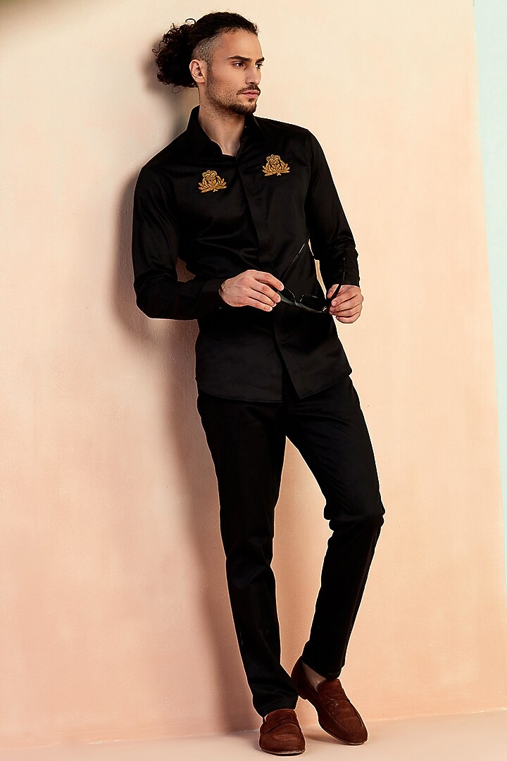 Black Cotton Motif Hand Embroidered Party Wear Shirt by SEVENDC MEN at Pernia's Pop Up Shop