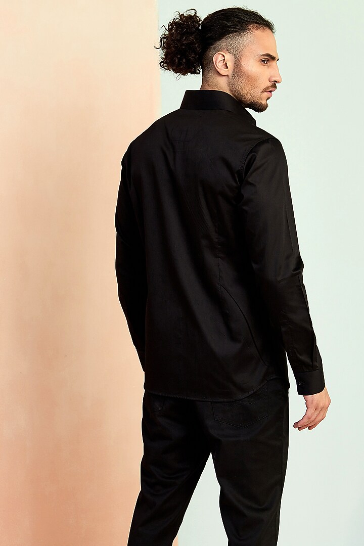 Black Cotton Motif Hand Embroidered Party Wear Shirt by SEVENDC MEN at Pernia's Pop Up Shop
