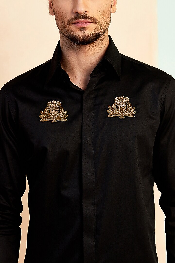 Black Cotton Motif Hand Embroidered Party Wear Shirt by SEVENDC MEN at Pernia's Pop Up Shop