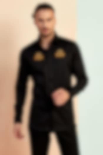 Black Cotton Motif Hand Embroidered Party Wear Shirt by SEVENDC MEN at Pernia's Pop Up Shop