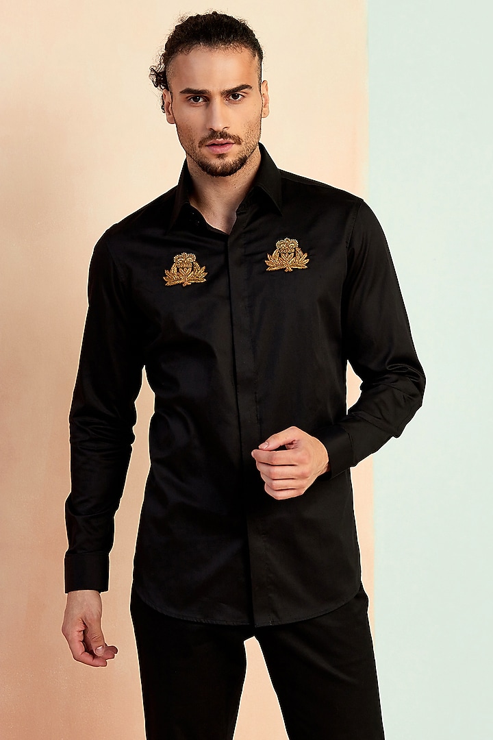 Black Cotton Motif Hand Embroidered Party Wear Shirt by SEVENDC MEN at Pernia's Pop Up Shop
