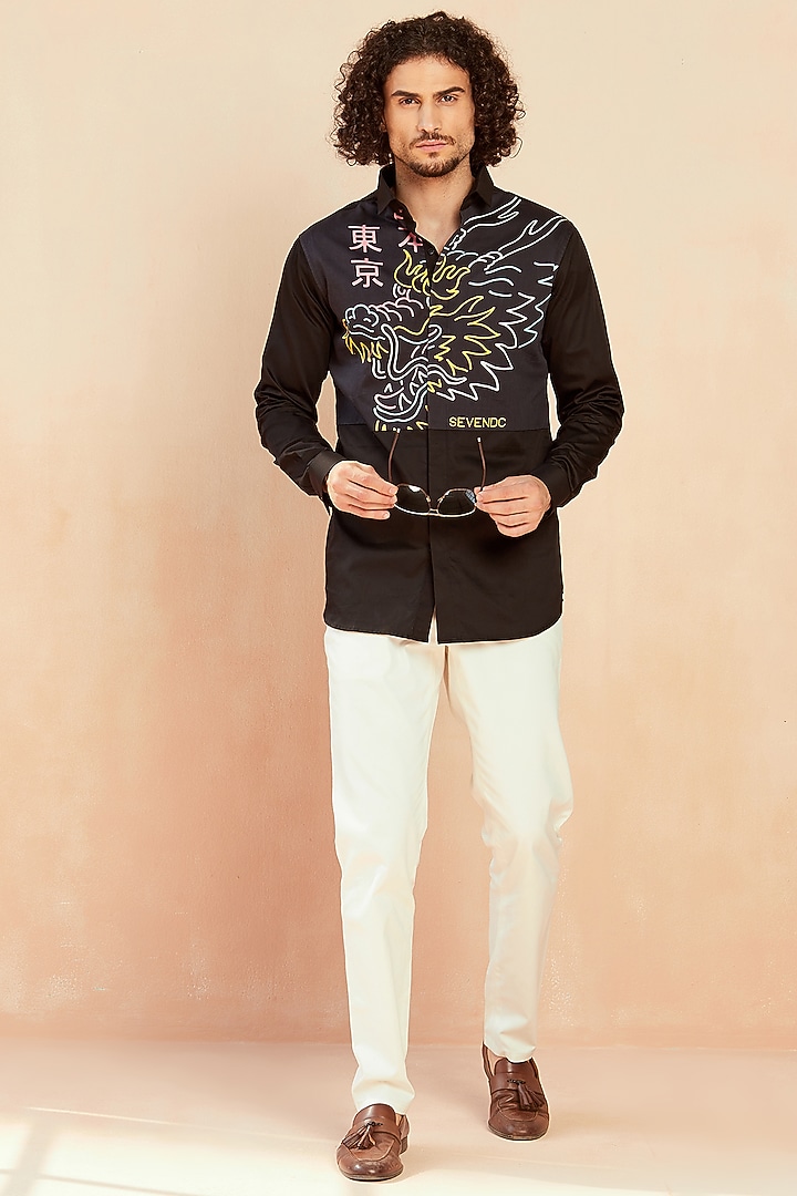 Black Cotton Printed Party Wear Shirt by SEVENDC MEN at Pernia's Pop Up Shop