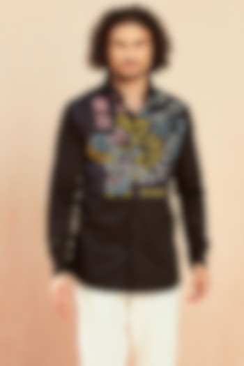 Black Cotton Printed Party  start Shirt by SEVENDC MEN at Pernia's Pop Up Shop