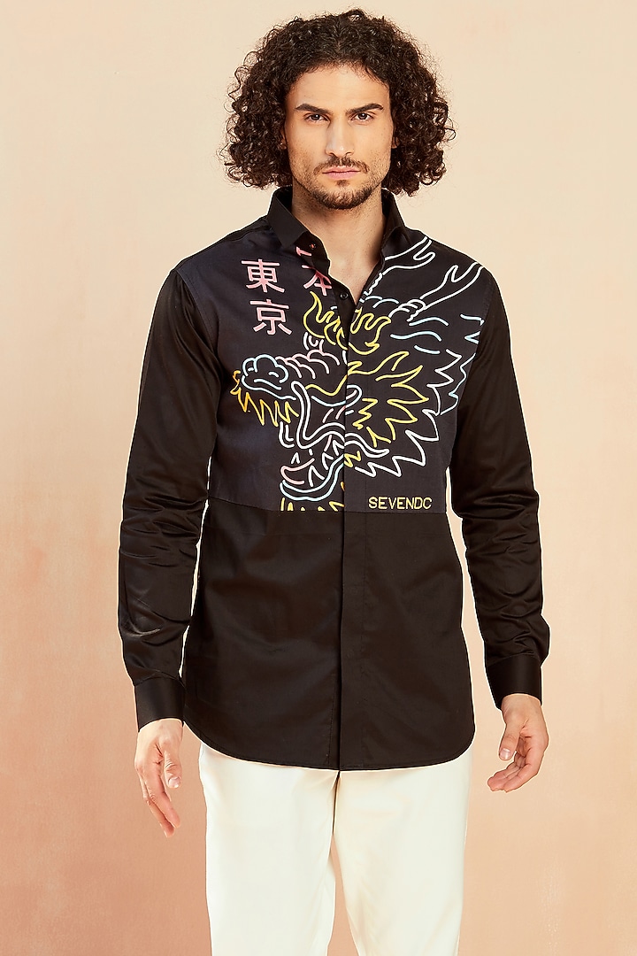 Black Cotton Printed Party  start Shirt by SEVENDC MEN at Pernia's Pop Up Shop