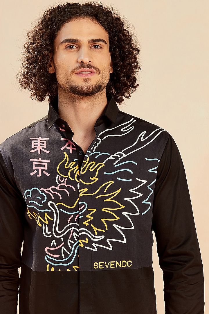 Black Cotton Printed Party Wear Shirt by SEVENDC MEN at Pernia's Pop Up Shop