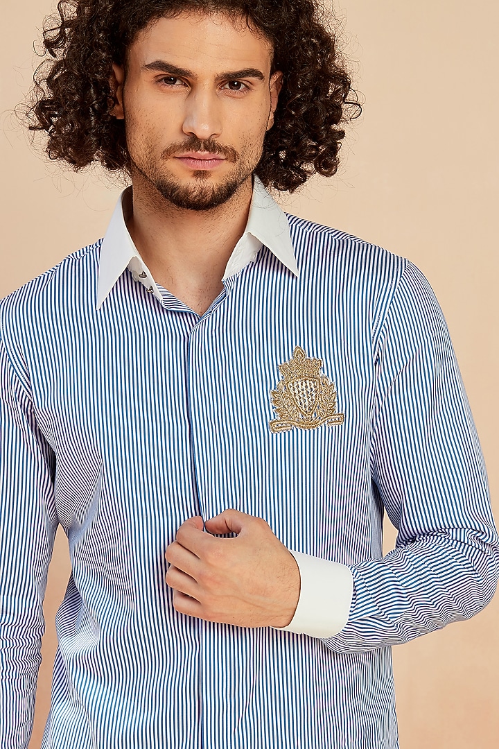 Navy Blue Striped Party Wear Shirt by SEVENDC MEN at Pernia's Pop Up Shop