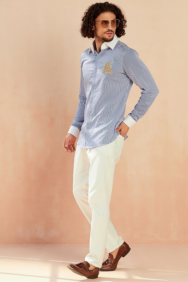 Navy Blue Striped Party Wear Shirt by SEVENDC MEN at Pernia's Pop Up Shop